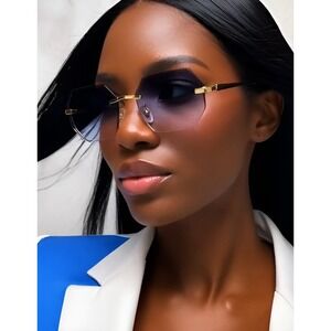 Rimless Sunglasses Women Octagon Fashion Shades Blue Lens Gold Frame Hip Hop New